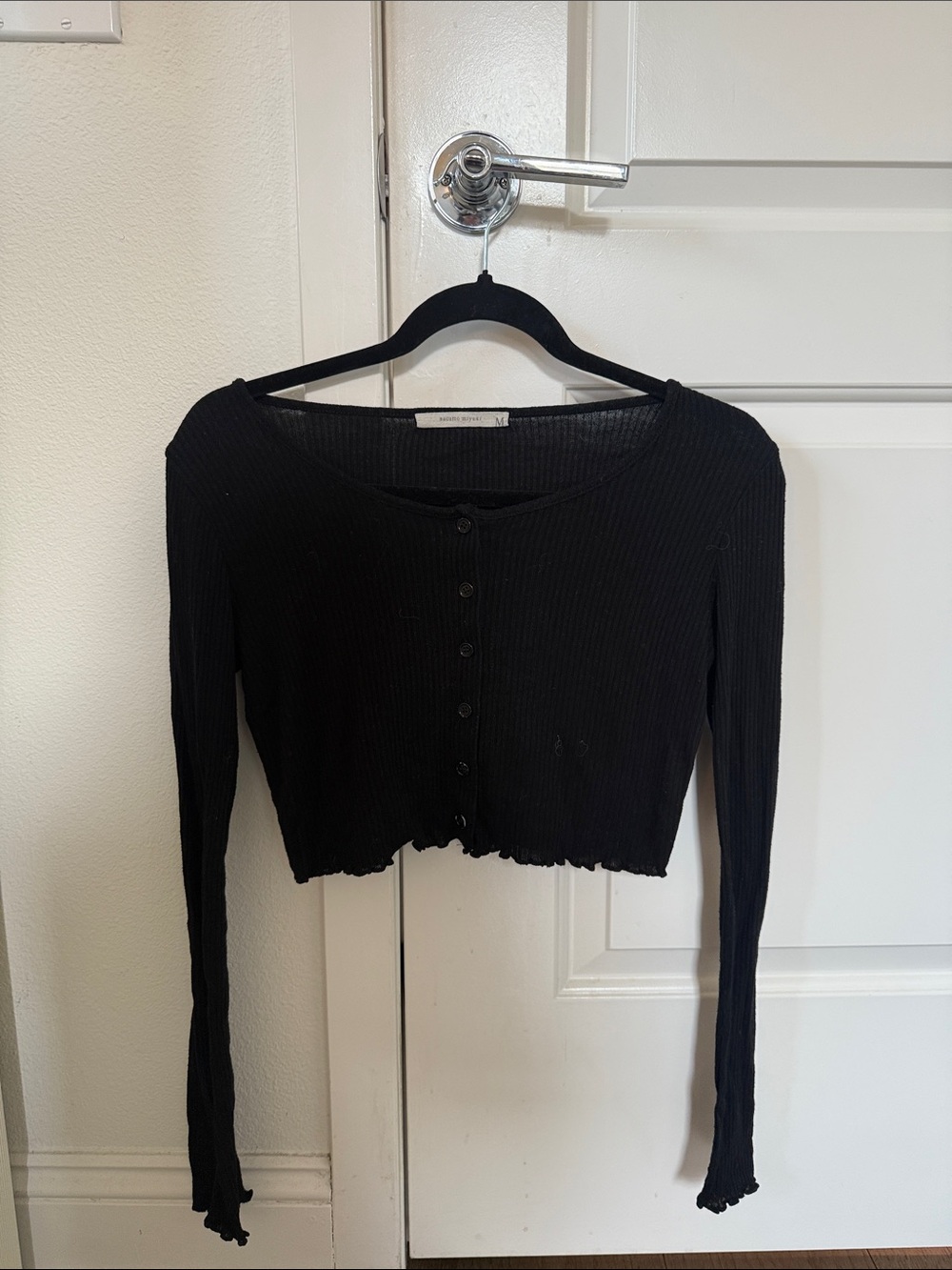 Black Ribbed Cropped Button Crop Long Sleeve Shirt Women Size Small